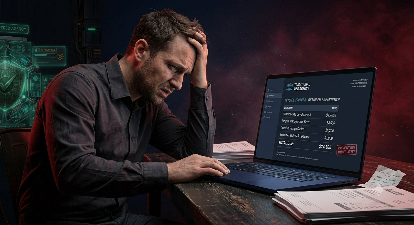 Cliente estresado mirando una factura costosa de una agencia web tradicional
