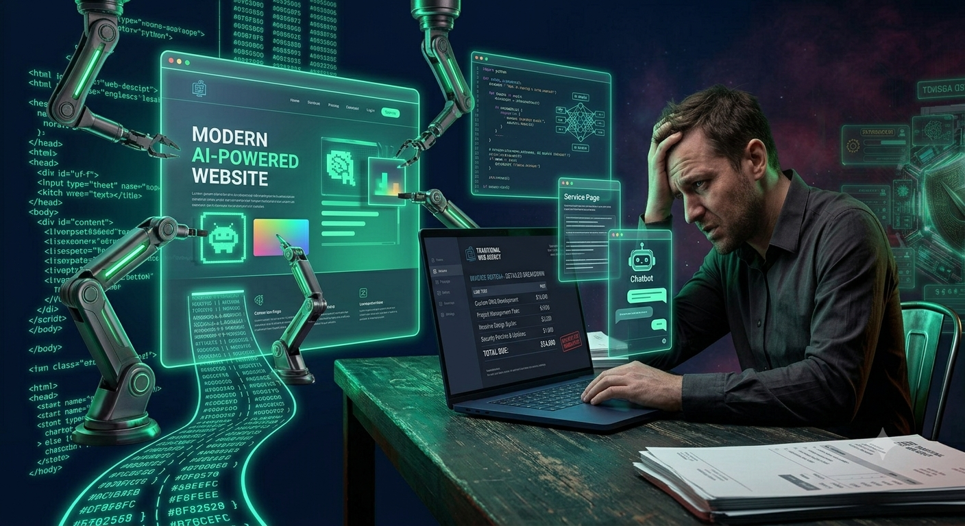Inteligencia artificial construyendo un sitio web moderno con brazos robóticos y elementos flotantes de diseño