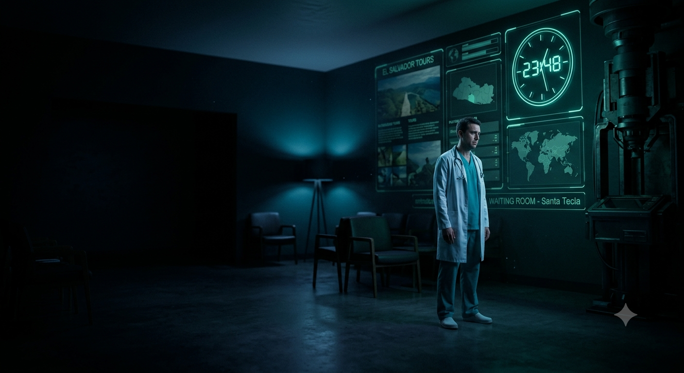 Sala de espera vacía de clínica con doctor esperando a paciente que no se presentó