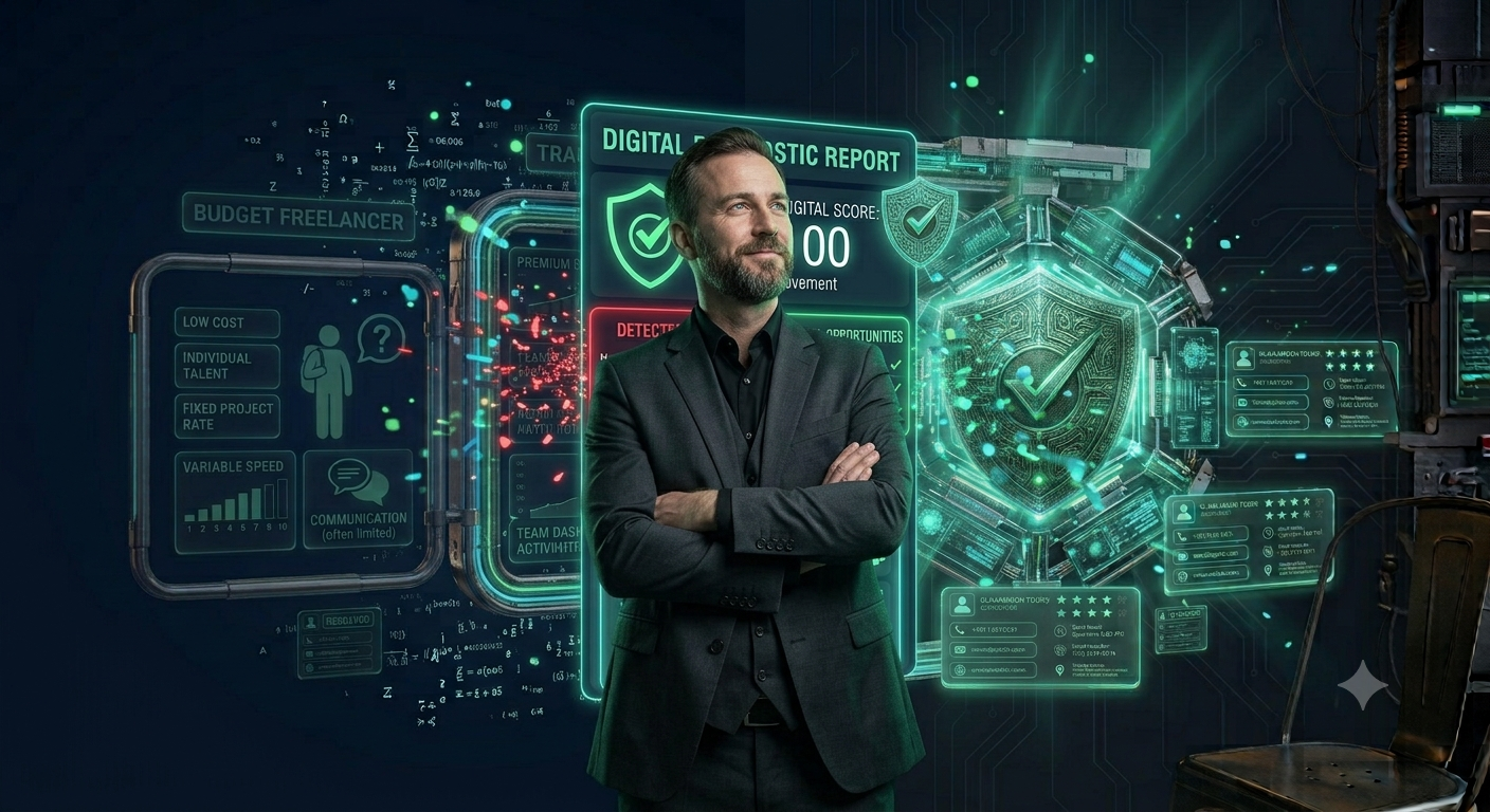 Dueño de negocio tomando decisión informada sobre presencia digital con datos concretos en pantalla
